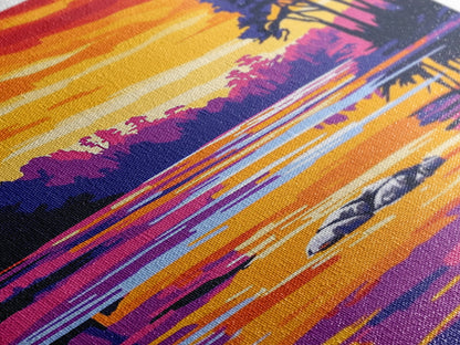 River Sunset, Nature Reflection, Forest Landscape, Peaceful Water, Framed Canvas Print, Boho Art, Rustic Wall Art, Bedroom Decor