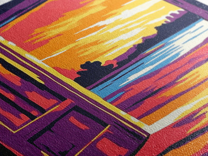 Offene Tür, Sonnenuntergangsmotiv, Gemälde mit warmem Licht, Einladende Wohndekoration, Inspirierende Wandkunst, Gemütliche Inneneinrichtung, Gerahmter Leinwanddruck