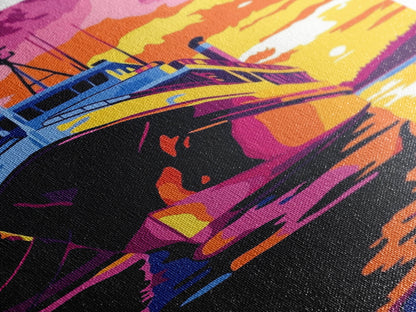 Sunset Boat Art, Nautical Wall Art, Ocean Sunset Painting, Coastal Decor, Vibrant Boat Scene, Framed Canvas Print, Living Room Art