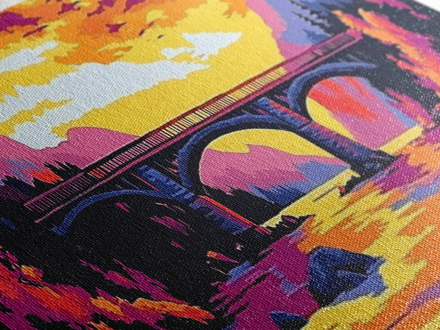 Stone Bridge, River Sunset, Autumn Art, Nature Scene, Living Room Wall Art, Colorful Home Decor, Canvas Print, Modern Landscape