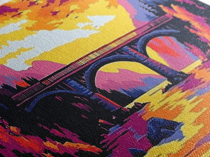 Stone Bridge, River Sunset, Autumn Art, Nature Scene, Living Room Wall Art, Colorful Home Decor, Canvas Print, Modern Landscape