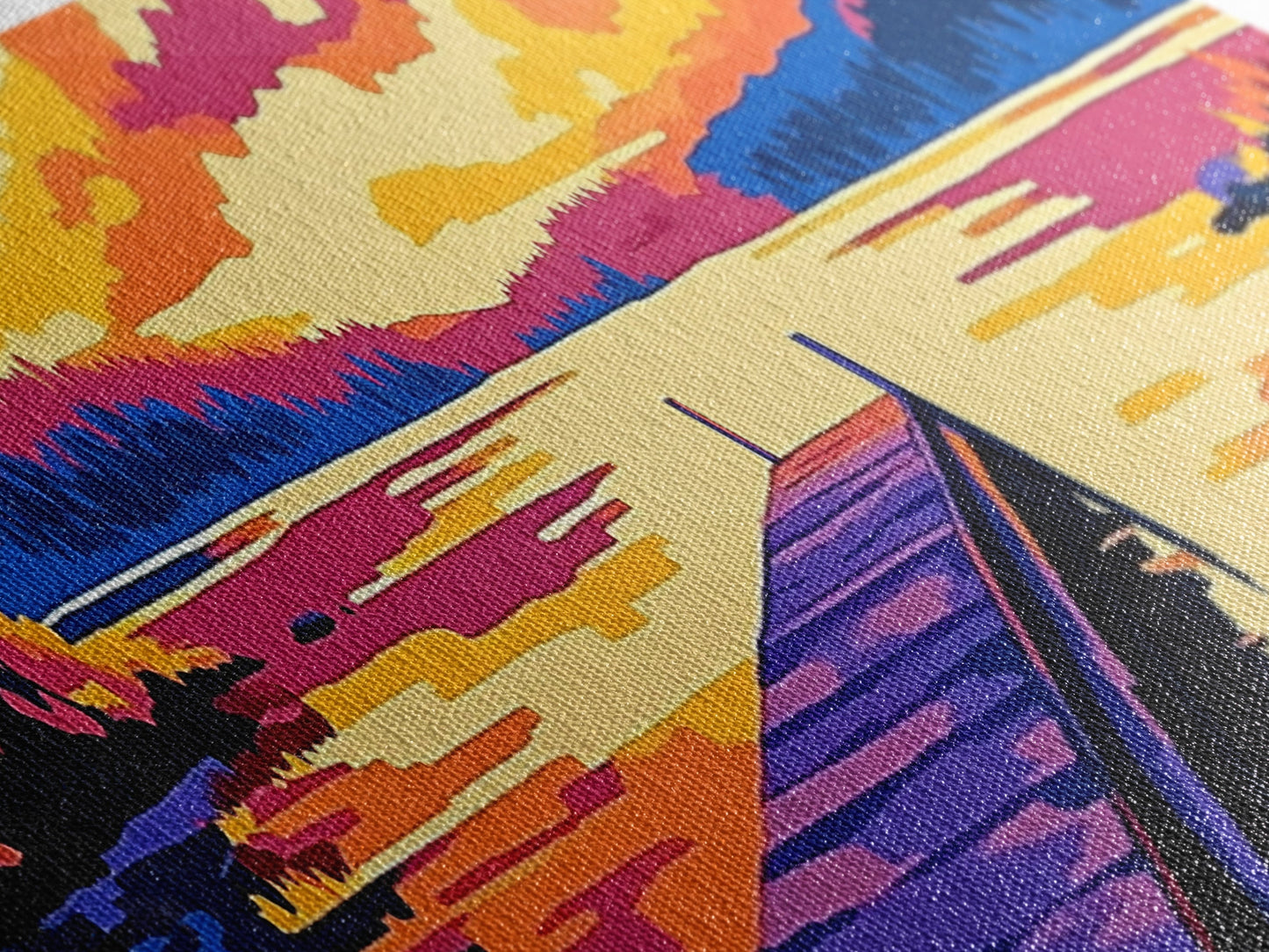 Sunset Lake, vibrant landscape, nature wall art, modern decor, colorful painting, Living Room Wall Art, Canvas Print, Framed Canvas Print