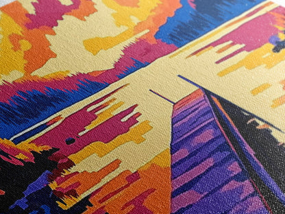 Sunset Lake, vibrant landscape, nature wall art, modern decor, colorful painting, Living Room Wall Art, Canvas Print, Framed Canvas Print