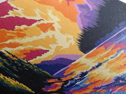 River Sunset, pine forest, mountain landscape, nature decor, cabin retreat, Fall Wall Art, Canvas Print, Framed Canvas Print