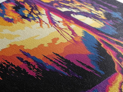 Lebendiger Baum, Sonnenuntergangsmotiv, gerahmter Leinwanddruck, Natur-Wanddeko, psychedelische Kunst, Boho-Landschaft, großes Wandbild, Bürodekoration