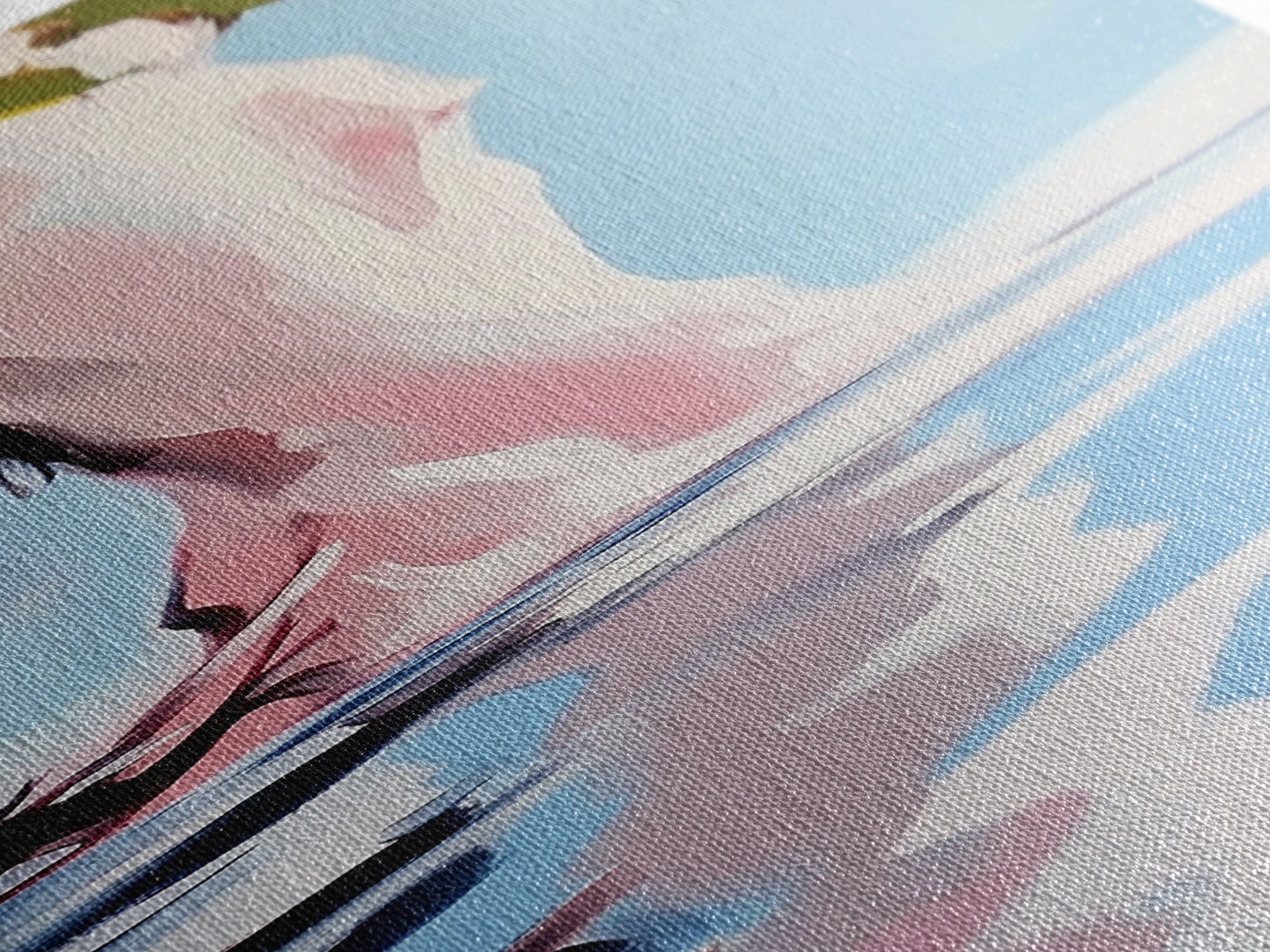 Wasserspiegelung, abstrakter Baum, surreale Natur, gerahmter Leinwanddruck, beruhigende Wandkunst, sanftes Blau und Rosa, Wandbild fürs Wohnzimmer