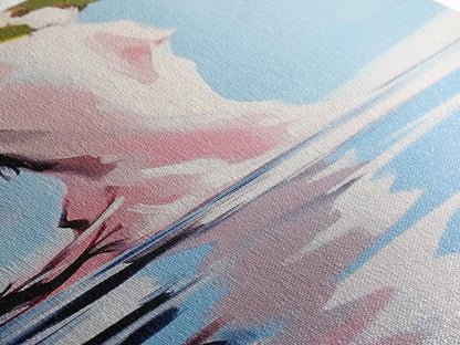 Wasserspiegelung, abstrakter Baum, surreale Natur, gerahmter Leinwanddruck, beruhigende Wandkunst, sanftes Blau und Rosa, Wandbild fürs Wohnzimmer