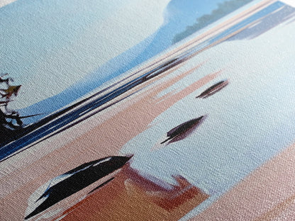 Serene Beach, Minimalist Landscape, Abstract Nature, Framed Canvas Print, Coastal Wall Art, Soft Blue and Pink, Living Room Wall Art