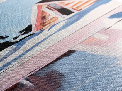 Winterhütte, verschneite Spiegelungen, gerahmter Leinwanddruck, gemütliches rustikales Wandbild, nordische Ästhetik, minimalistische Landschaft, Schlafzimmerdekoration