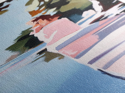 Woman by Water, Tranquil Scene, Framed Canvas Print, Serene Nature Art, Soft Pastel Aesthetic, Modern Minimalist, Dreamy Wall Decor