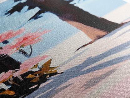 Floral Winter, Botanical Wall Art, Pink Flower Snow Scene, Nature-Inspired Artwork, Minimalist Forest Painting, Canvas Print, Office Wall Art