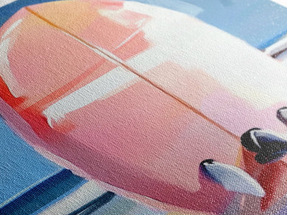 Pinkes Surfbrett, Strandhaus-Kunst, Küstenästhetik, Surfer-Lifestyle, Sommerfeeling, Gerahmter Leinwanddruck mit Ozeanmotiv, Moderne Wanddekoration