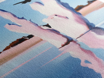 Pink Trees, Lake Reflection, Minimalist Nature, Calm Water Scene, Soft Pastel Wall Art, Tranquil Framed Canvas Print, Zen Home Decor