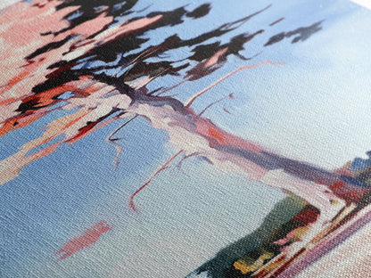 Pink Blossom Tree, Spring Landscape Art, Dreamy Nature Print, Pastel Wall Decor, Romantic Living Room, Framed Canvas Print