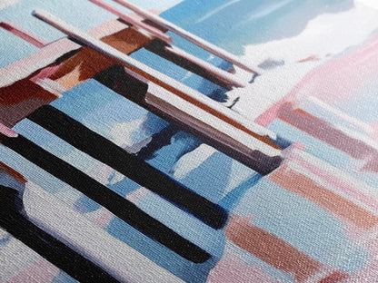 Strandpier-Gemälde, Küstenlandschaft, maritime Kunst, minimalistische moderne Ästhetik, entspannende sommerliche Wanddekoration, Leinwanddruck