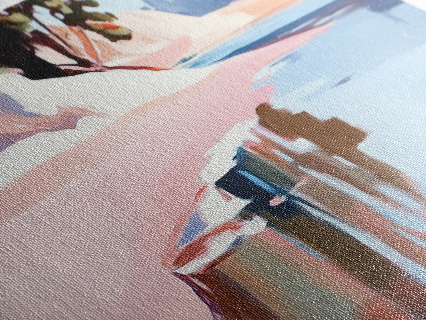 Küstenbaum, Dachüberstand, Leinwanddruck, vom Meer inspirierte Dekoration, moderne Strandwandkunst, pastellfarbene Meereslandschaft, ruhige Szenerie, tropisches Flair