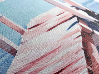 Steg am Wasser, minimalistische Meereslandschaft, Küstendeko, nautische Wandkunst, modernes Strandhaus, Sommerfeeling, blaue Wandkunst, gerahmter Leinwanddruck