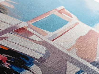 Strandstuhl, Sommerentspannung, Küstenkunst für draußen, Urlaubsästhetik, tropische Wohndekoration, minimalistische Pastellfarben, Leinwanddruck, Terrasse