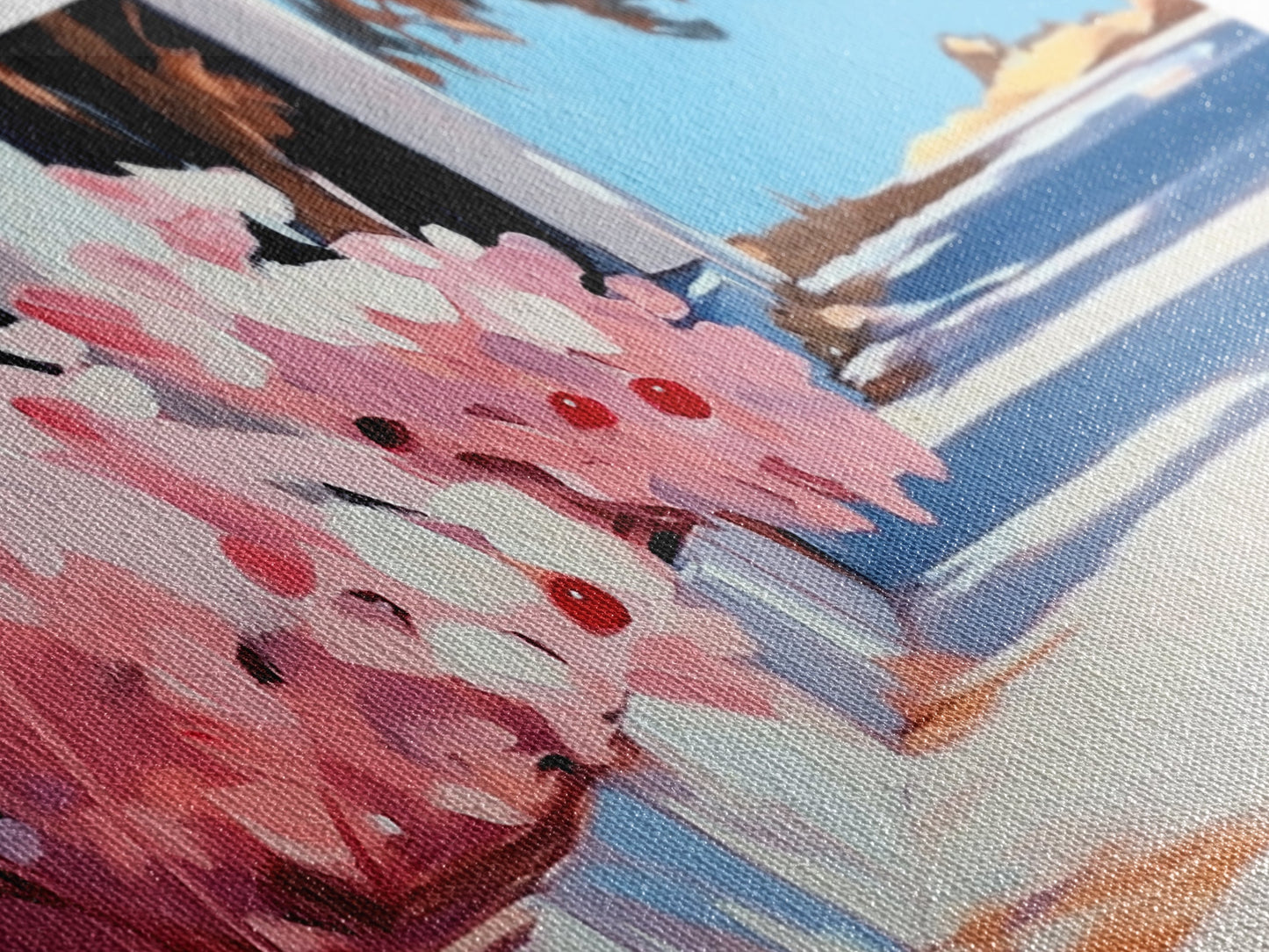 Flowers, Sunlit Walkway, Mediterranean Style Art, Floral Painting, Romantic Landscape, Framed Canvas Print, Outdoor Wall Art, Pastel Tones