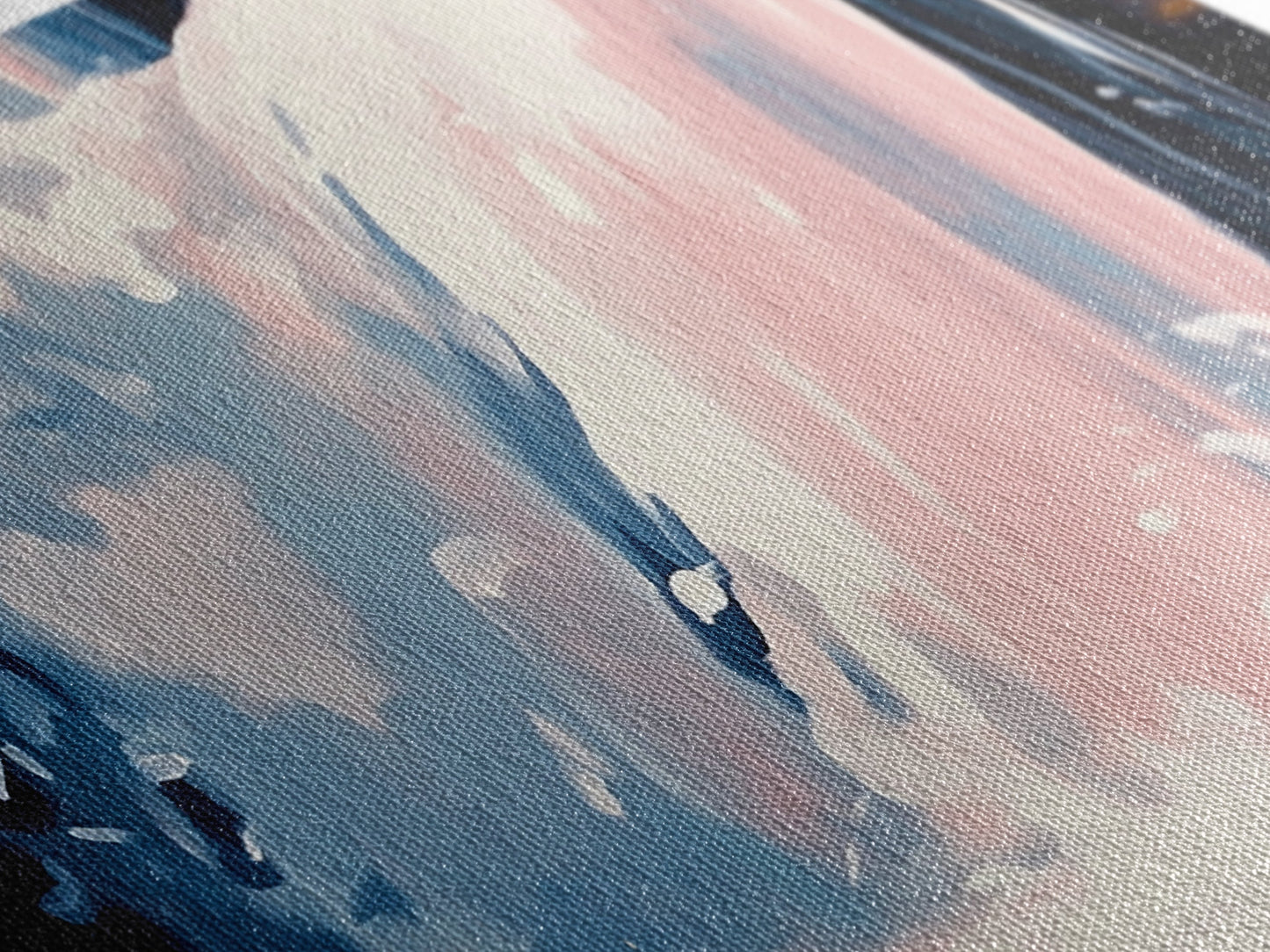 Wasserfallmotiv, Naturwandbild, Ruhige Landschaftskunst, Moderner minimalistischer Druck, Blau- und Rosatöne, Gerahmter Leinwanddruck, Wohnzimmerkunst