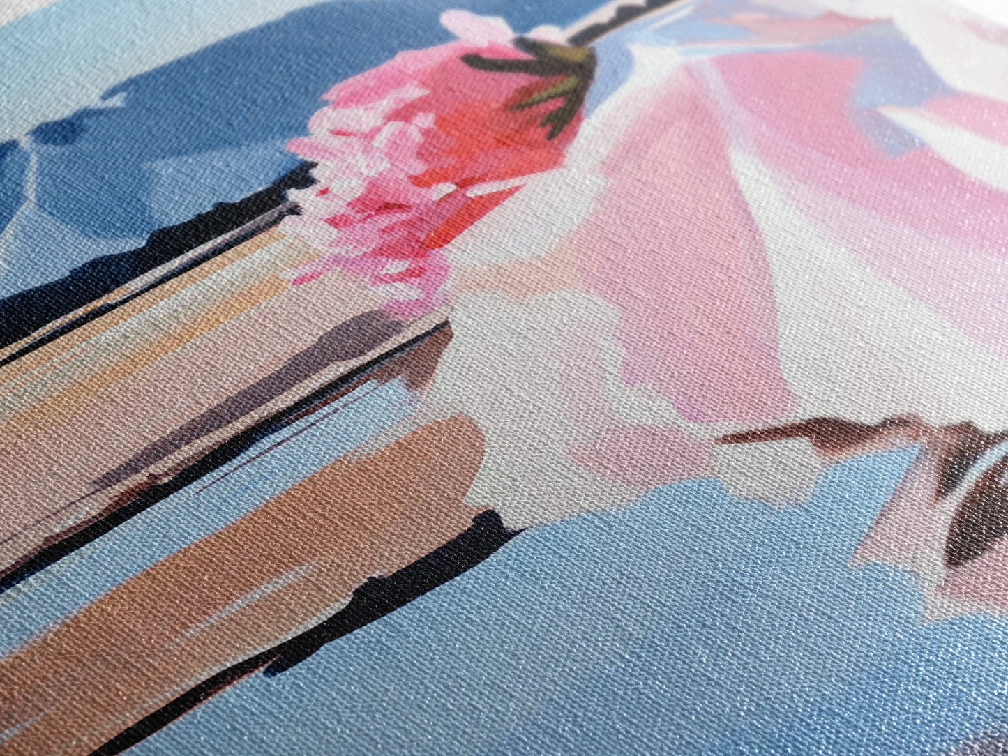 Floral, Pink Bouquet, Nature Art, Framed Canvas Print, Feminine Wall Decor, Boho Home Art, Blue Painting, Living Room Wall Art