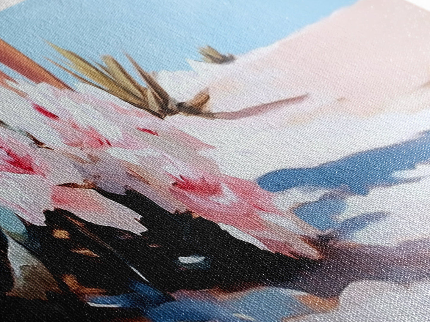 Rosa Blumen, gerahmter Leinwanddruck, florale Wandkunst, Wüstenmotiv, Boho-Ästhetik, moderne Wohndekoration, Schlafzimmerkunst, Naturmalerei