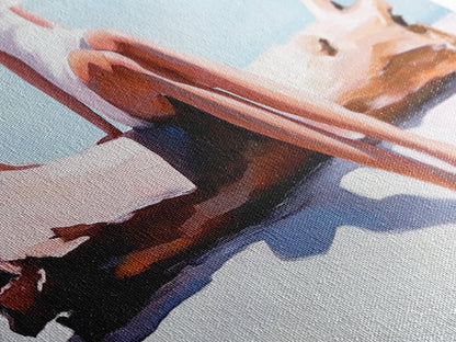 Treibholz-Flucht, Küstenleben-Kunst, Minimalistische Strandszene, Sommerliche Farben, Gerahmter Leinwanddruck, Entspannende Wohndekoration, Vom Meer inspiriert