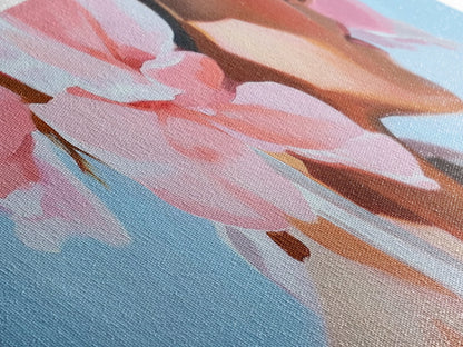 Floral Woman, Feminine Beauty, Elegant Portrait, Boho Canvas Print, Bedroom Wall Art, Modern Aesthetic, Pastel Pink Home Decor