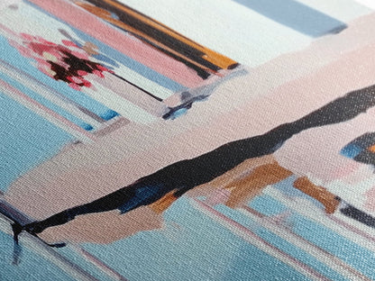 Poolside Reflection, Elegant Patio, Coastal Artwork, Framed Canvas Print, Summer Aesthetic, Modern Living Room Decor, Soft Blues