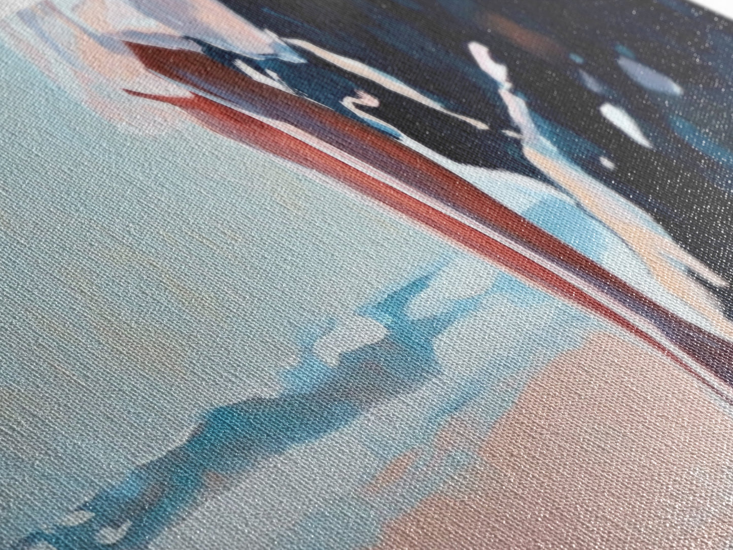 Sonnenuntergang am Strand, friedlicher Rückzugsort, Meeresruhe, Küstenmotiv auf Leinwand, Wandbild fürs Wohnzimmer, sanfte Pastellfarben, minimalistische Wandkunst