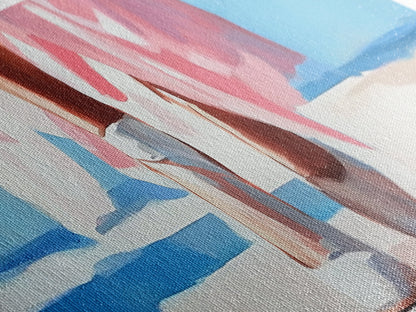 Walking on Beach, Pink Skirt, Ocean Waves, Coastal Feminine Art, Elegant Wall Decor, Canvas Print, Bedroom Wall Art, Summer Aesthetic