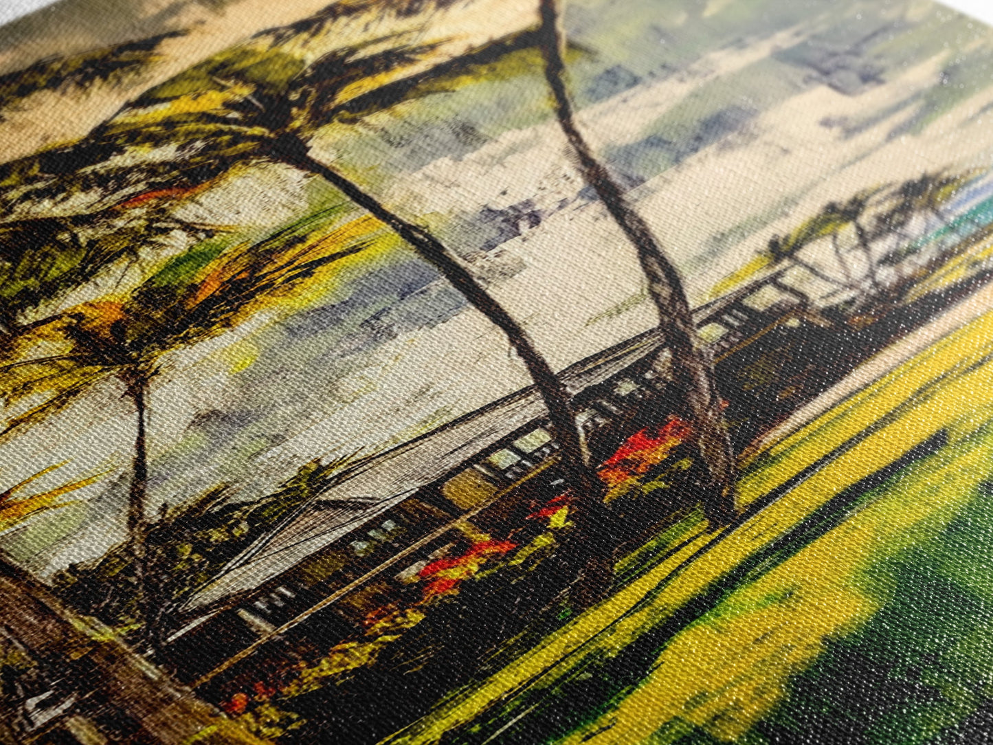 Tropical Landscape Painting, Palm Tree Art, Beach House Wall Decor, Coastal Summer Art, Vibrant Green and Yellow Art, Framed Canvas Print