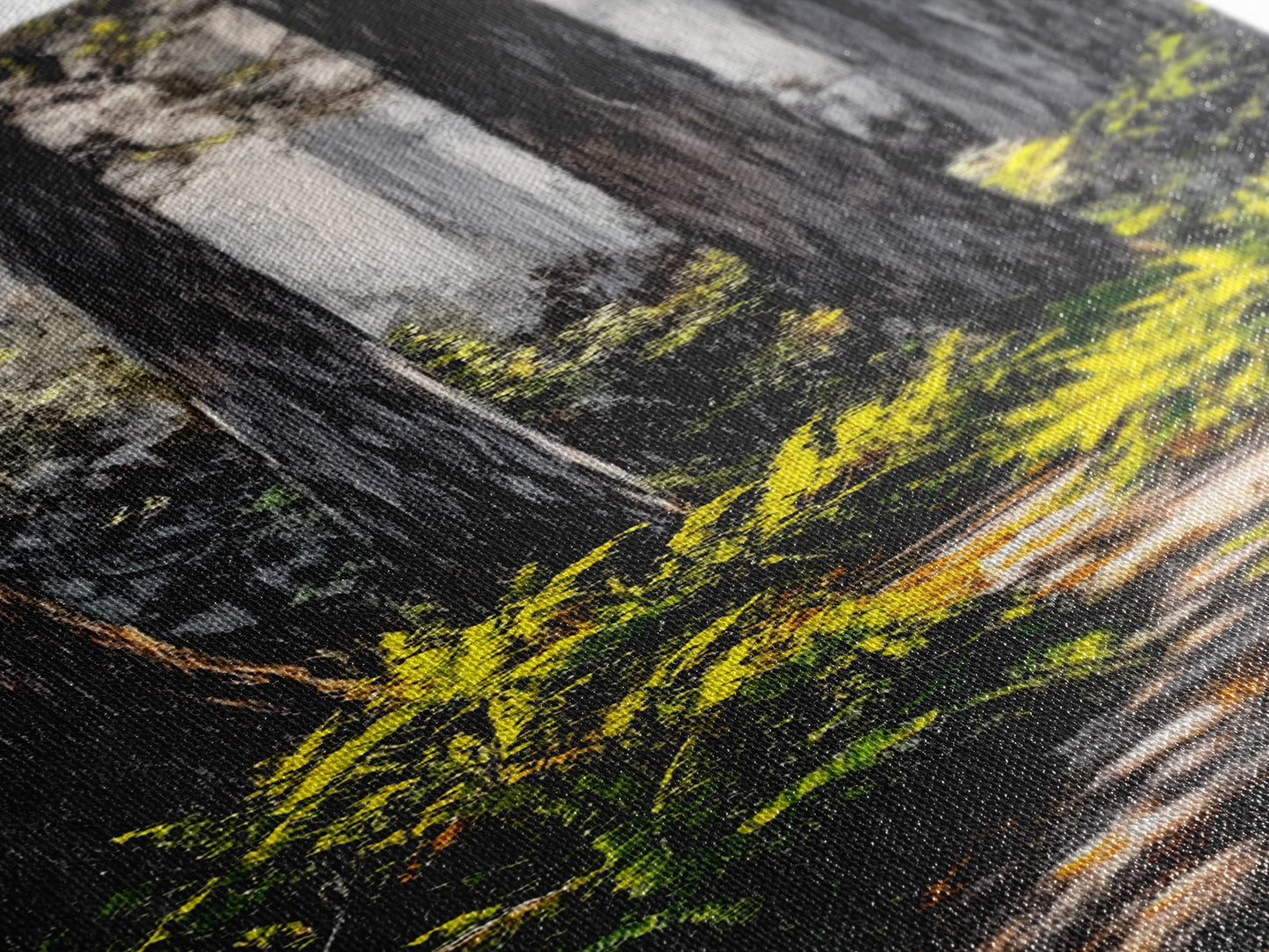 Forest Path, Sunlit Trees, Nature Painting, Framed Canvas Print, Woodland Decor, Cozy Cabin Art, Autumn Vibes, Entryway Artwork