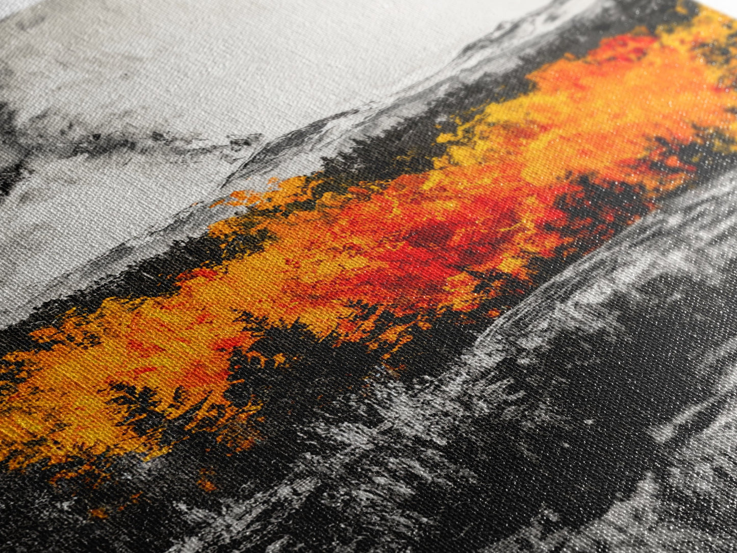 Burning Trees, Fiery Autumn Landscape, Dramatic Fall Wall Art, Modern Seasonal Home Decor, Bold Color Painting, Framed Canvas Print