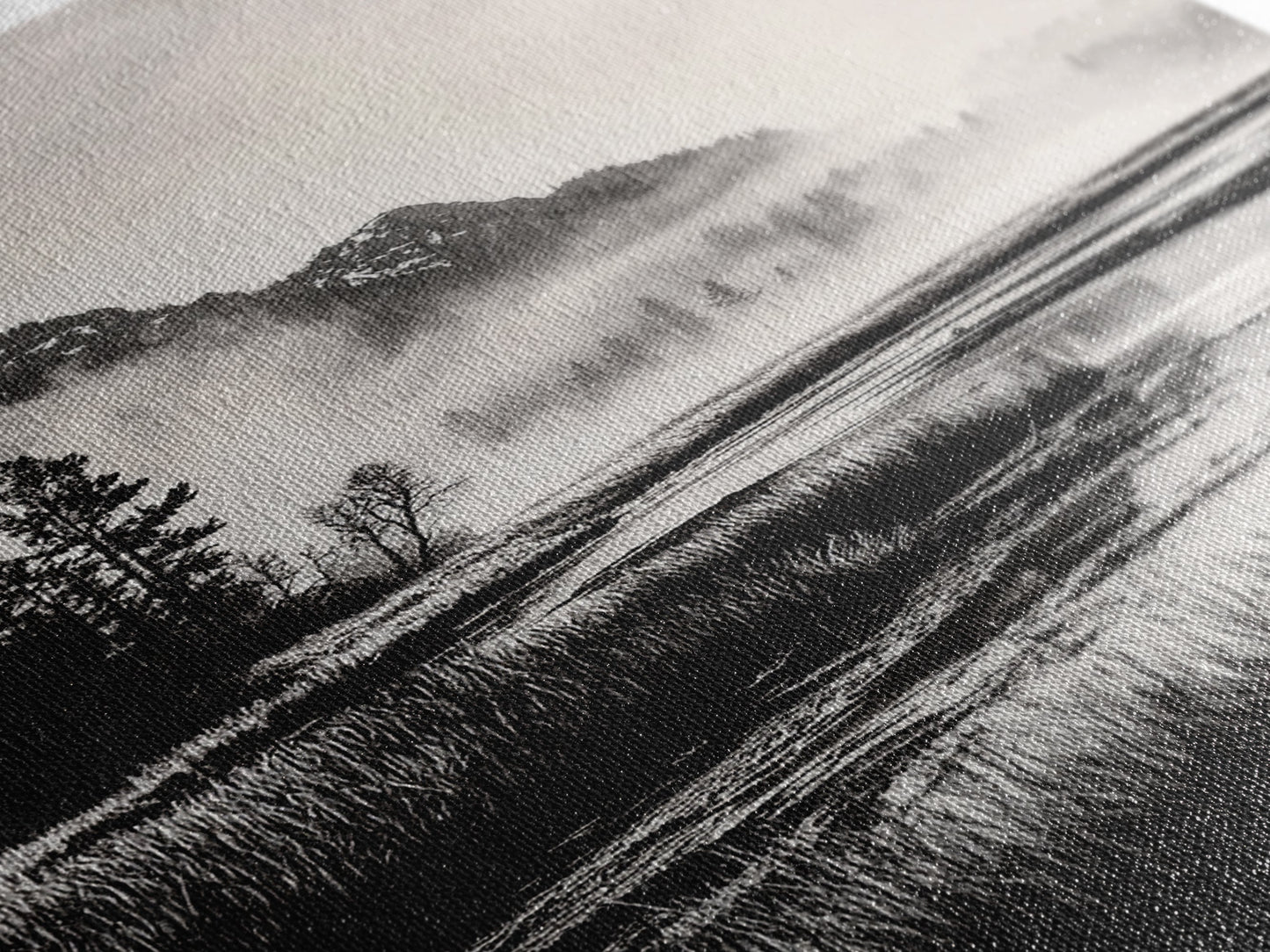 Foggy Forest, Monochrome Wall Art, Nature Landscape, Tranquil Painting, Living Room Decor, Rustic Style, Framed Canvas Print