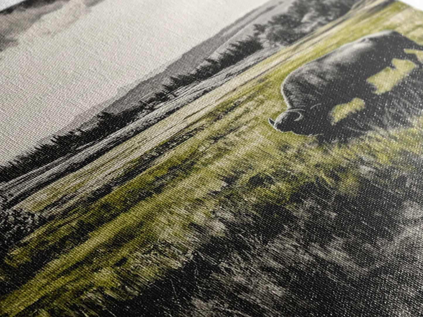 Grazing Bison, Wildlife Art, Rustic Home Decor, Nature Inspired, Western Landscape, Monochrome Art, Cabin Wall Art, Framed Canvas Print