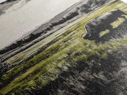 Grazing Bison, Wildlife Art, Rustic Home Decor, Nature Inspired, Western Landscape, Monochrome Art, Cabin Wall Art, Framed Canvas Print