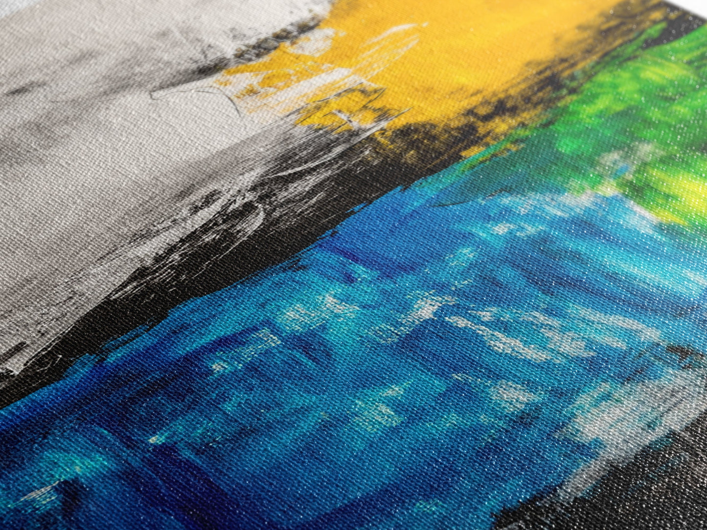 Abstract Landscape, Blue and Yellow Modern Painting, Minimalist Nature Art, Framed Canvas Print, Living Room or Office Wall Decor