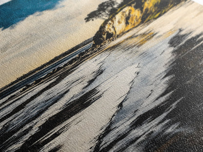 Sunset Beach, Cliffside View, Ocean Landscape, Nature Wall Art, Framed Canvas Print, Coastal Home Decor, Golden Hour, Serene Scene