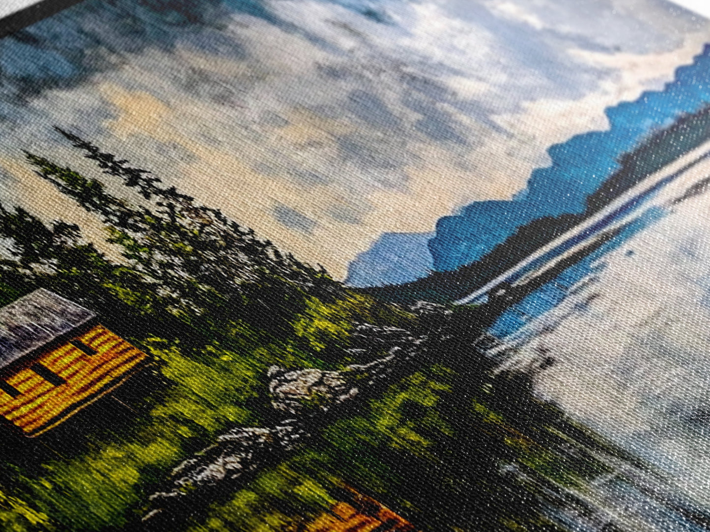 Cabin on the Lake, Peaceful Landscape, Nature Lover Art, Framed Canvas Print, Mountain View, Serene Wall Decor, Scenic Painting