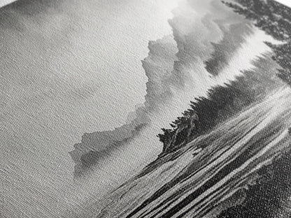 Misty Mountains, Monochrome Landscape, Nature Wall Art, Canvas Print, Scenic Home Decor, Adventure Lover Gift, Black and White Art