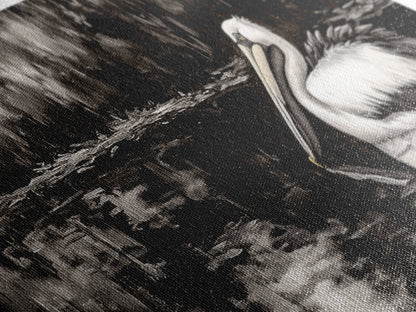 Pelican Reflection, Black White, Wildlife Art, Canvas Print, Nature Wall Art, Coastal Home Decor, Bird Lovers Gift, Monochrome Photography