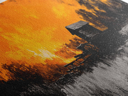 Farm Sunset, Old Barn, Fiery Sky, Rustic Landscape, Framed Canvas Print, Country Wall Art, Western Home Decor, Harvest Season Artwork