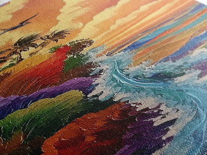 Rainbow Cliff, Ocean Waves, Sunset Coast, Framed Canvas Print, tropical beach decor, vibrant boho wall art, coastal entryway painting