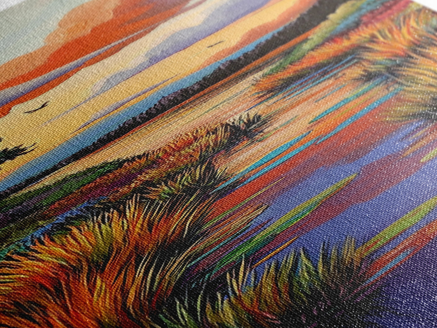 Autumn, River, Sunset, Painting, Framed Canvas Print of colorful river marsh landscape, Fall wall decor, rustic living room boho art