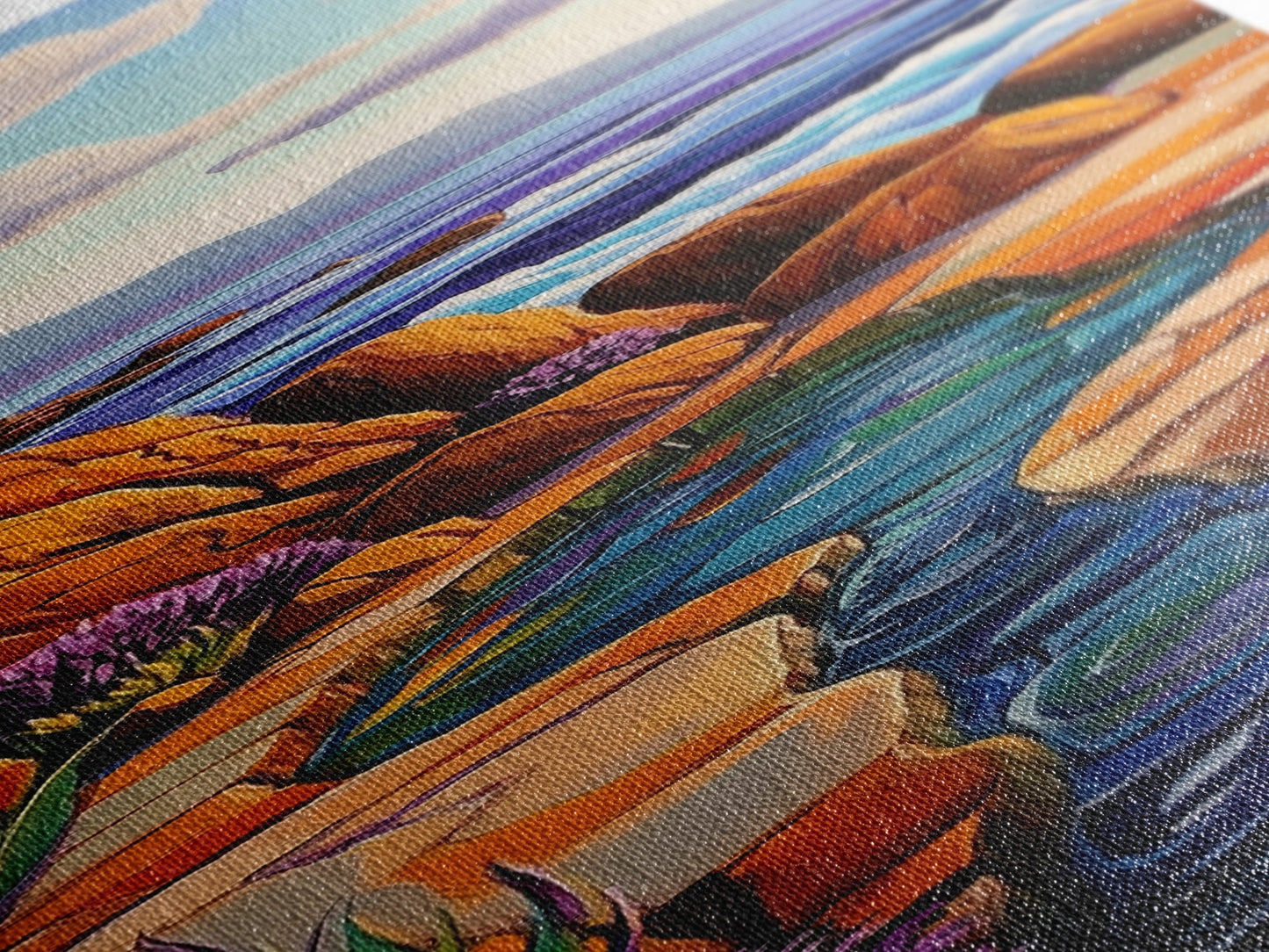 Waves Rocks, Ocean, Pastel, Framed Canvas Print, Crashing wave pastel seascape painting, calming ocean wall decor, coastal home design