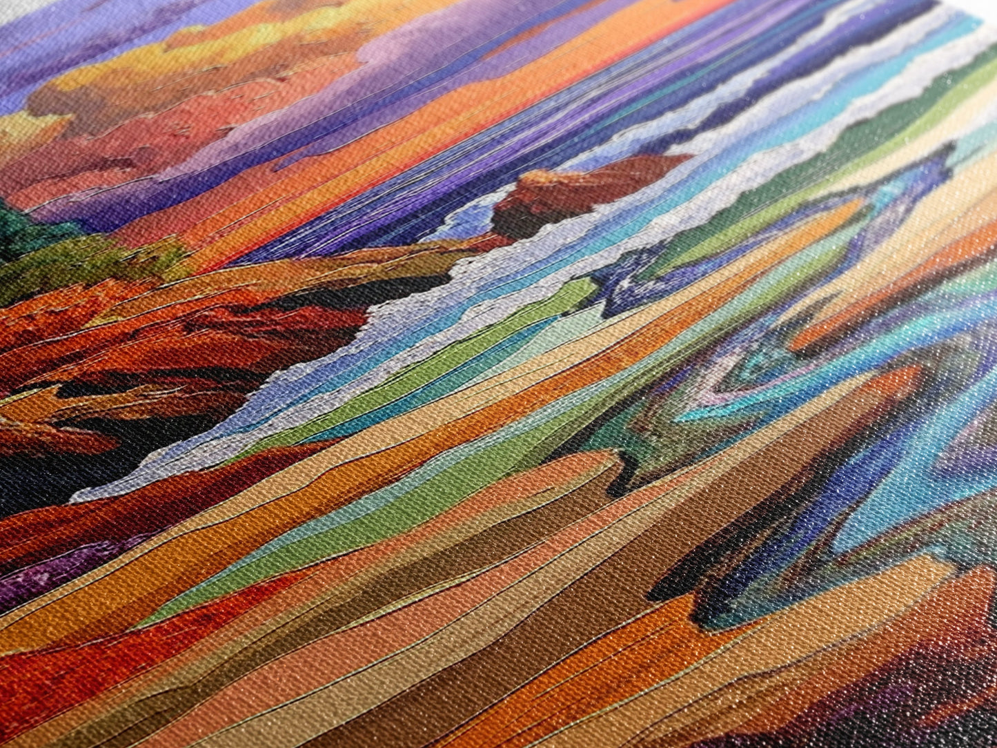 Sunset Coast, Stream Meets Ocean, Abstract Nature, Framed Canvas Print, Fall Wall Art, Colorful Beach Living Room Decor