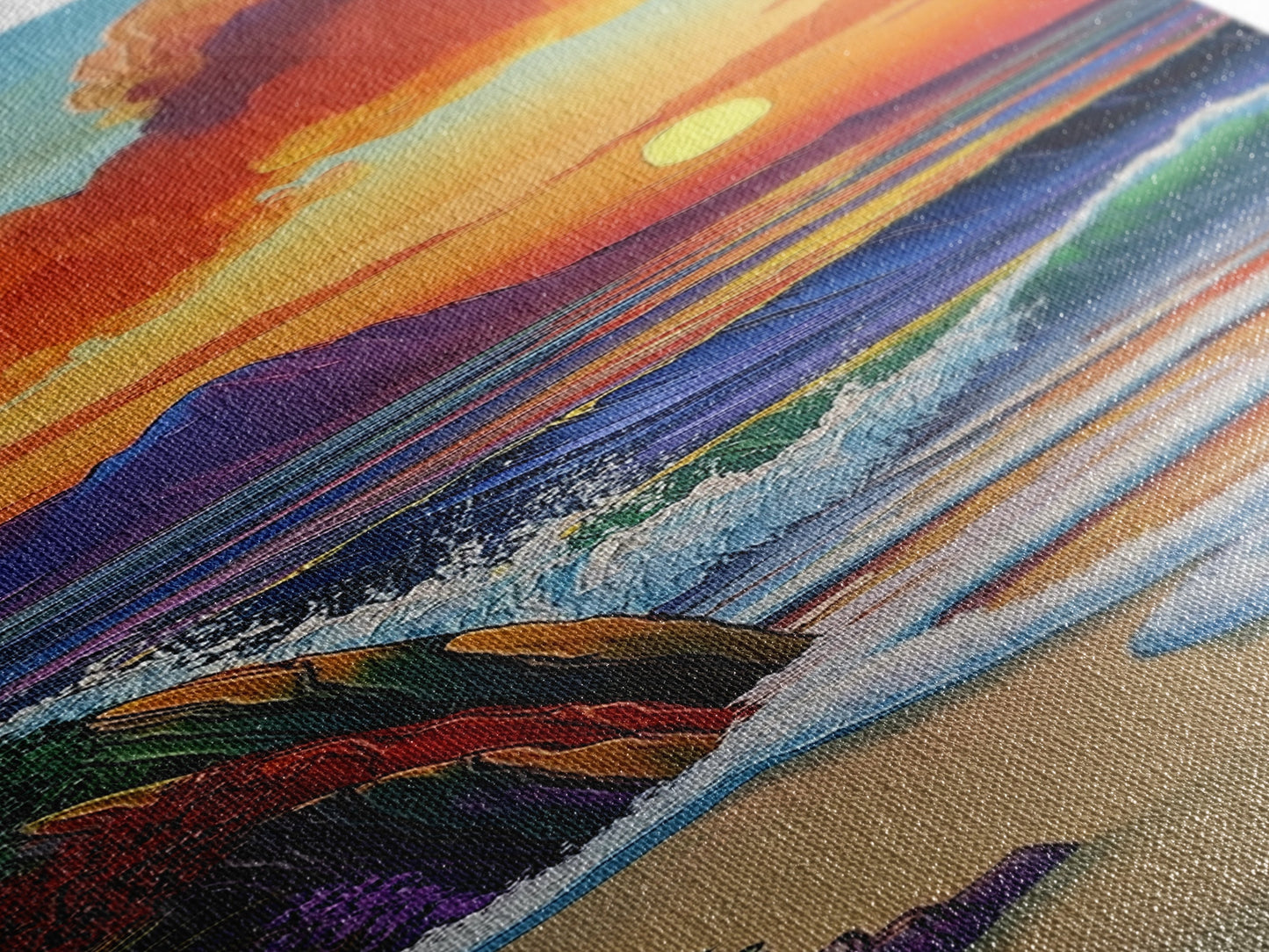 Sunset Waves, Shore, Coastal Framed Canvas Print beach sunset wall art, vibrant ocean wave decor, tropical boho art, iving room art