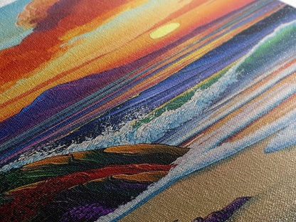 Sunset Waves, Shore, Coastal Framed Canvas Print beach sunset wall art, vibrant ocean wave decor, tropical boho art, iving room art