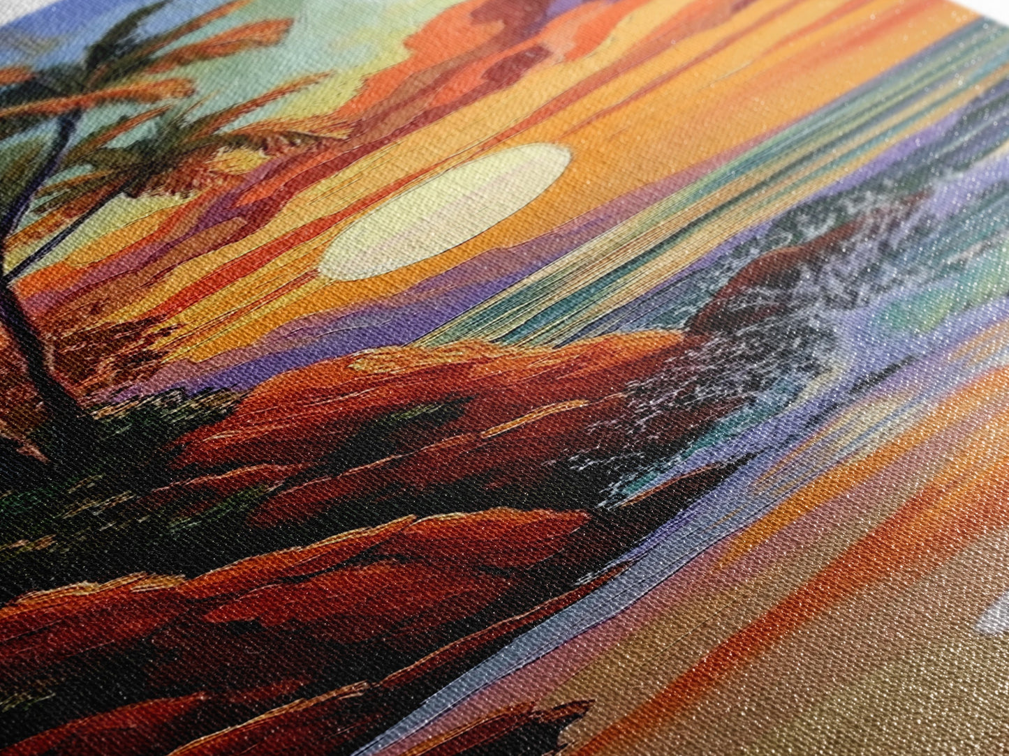 Tropical Sunset, Palms, Beach Framed Canvas Print vibrant tropical sunset scene, palm tree ocean art, vacation vibes, hallway wall print